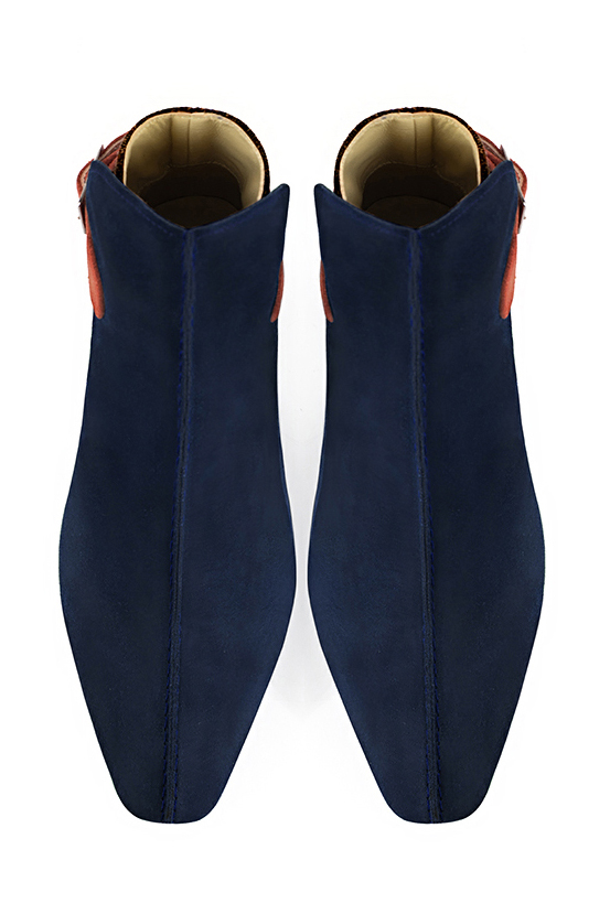 Midnight blue and terracotta orange women's ankle boots with buckles at the back. Square toe. Flat flare heels. Top view - Florence KOOIJMAN